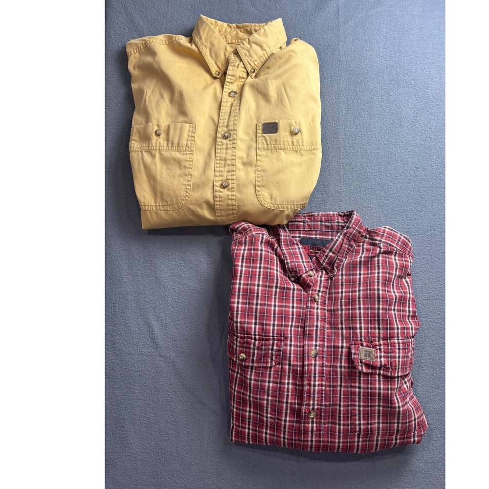 Wrangler Riggs Workwear Shirt Bundle Mens XL Yellow Red Plaid Button Down 2 Pack